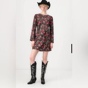 GAP Chocolate Brown Red Pink Rose Print Recycled‎ Silky Satin Mini Dress NWOT S